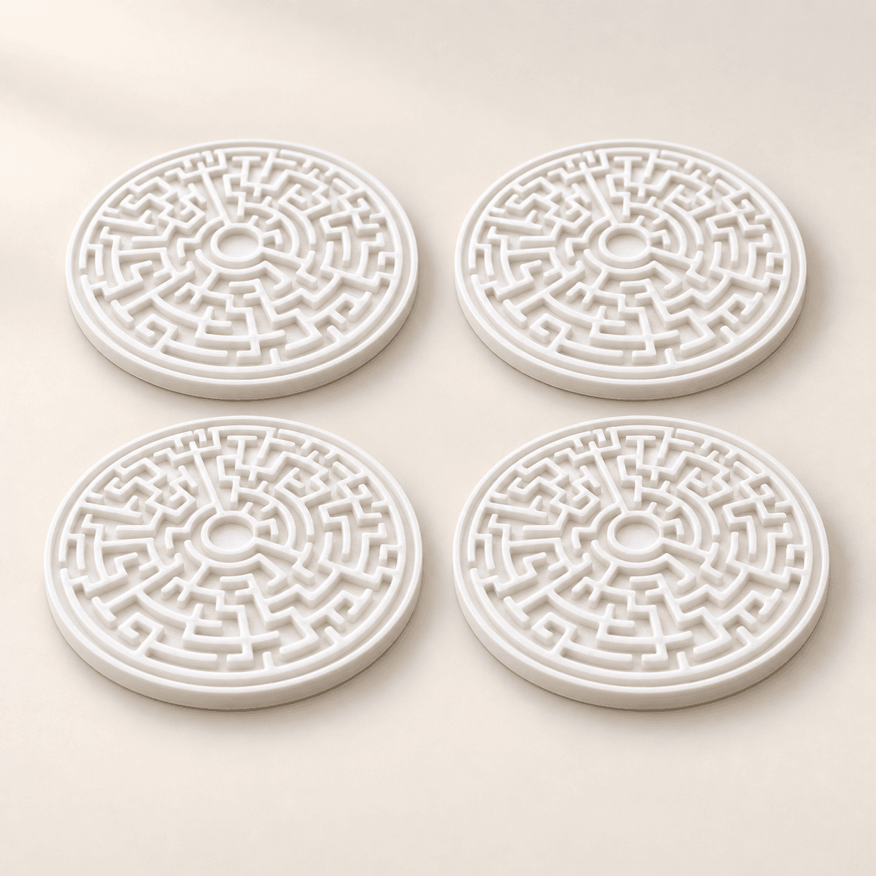 KI-Visualisierung: MAZE · Labyrinth-Untersetzer-Set. Abgebildeter Lieferumfang ohne Dekoration.